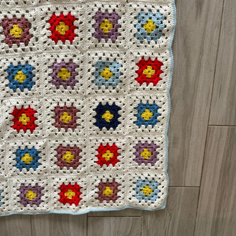 Handmade Crochet Granny Square Baby Blanket MultiColor White 24x36 Nursery Throw